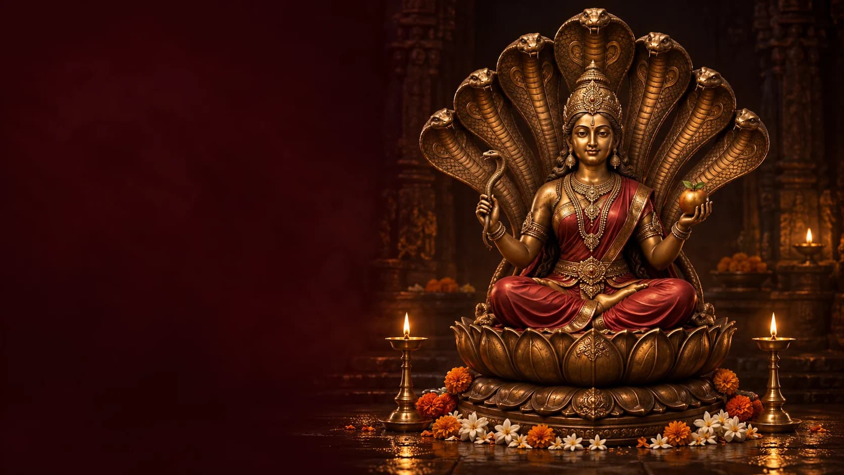 Devotional artwork of Manasa Devi seated on a lotus beneath a protective seven-headed serpent canopy