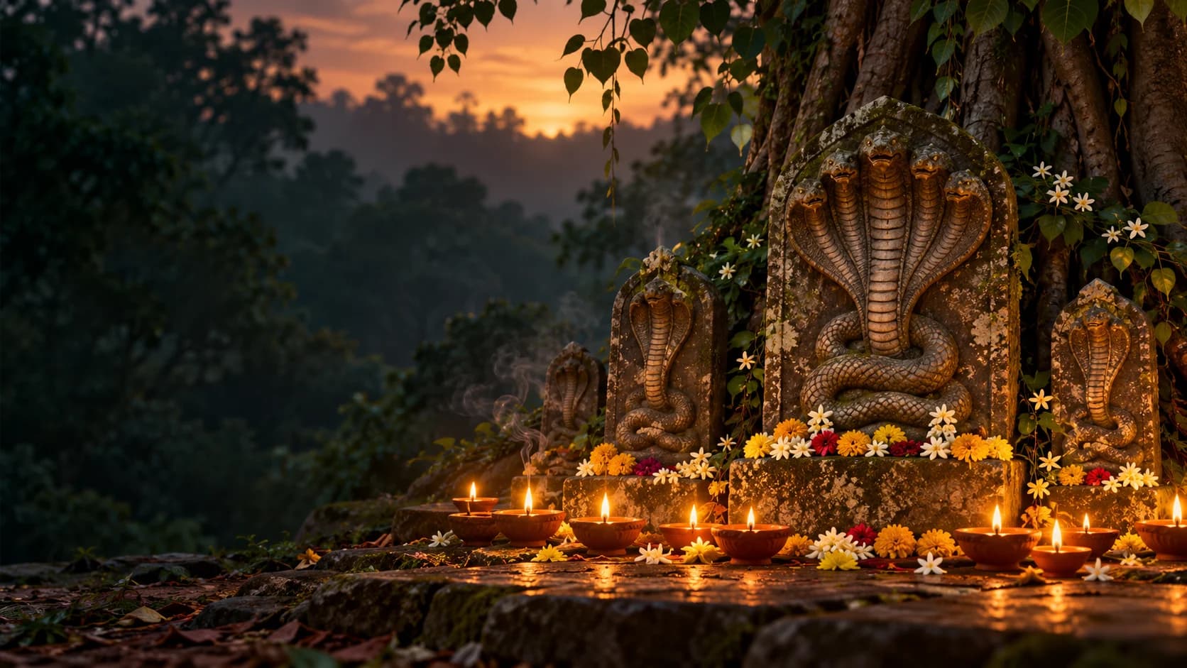 Devotional artwork of Naga stones beneath a sacred tree, illuminated by rows of oil lamps