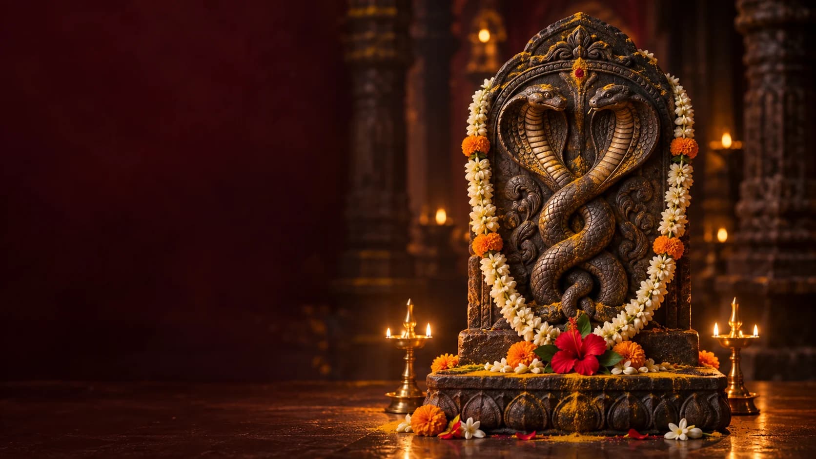 Devotional artwork of a carved Naga stone adorned with jasmine, turmeric, and flower offerings